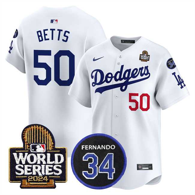 Men's Los Angeles Dodgers #50 Mookie Betts White 2024 World Series With Fernando Memorial Patch Limited Stitched Baseball Jersey,We sell and wholesale Men's Los Angeles Dodgers #50 Mookie Betts White 2024 World Series With Fernando Memorial Patch Limited Stitched Baseball Jersey on line form chian!